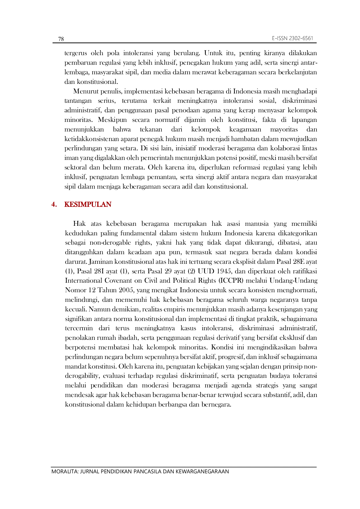 JURIS HAK ATAS KEBEBASAN BERAGAMA SEBAGAI NON DEROGABLE RIGHTS DALAM PERSPEKTIF KONSTITUSI INDONESIA