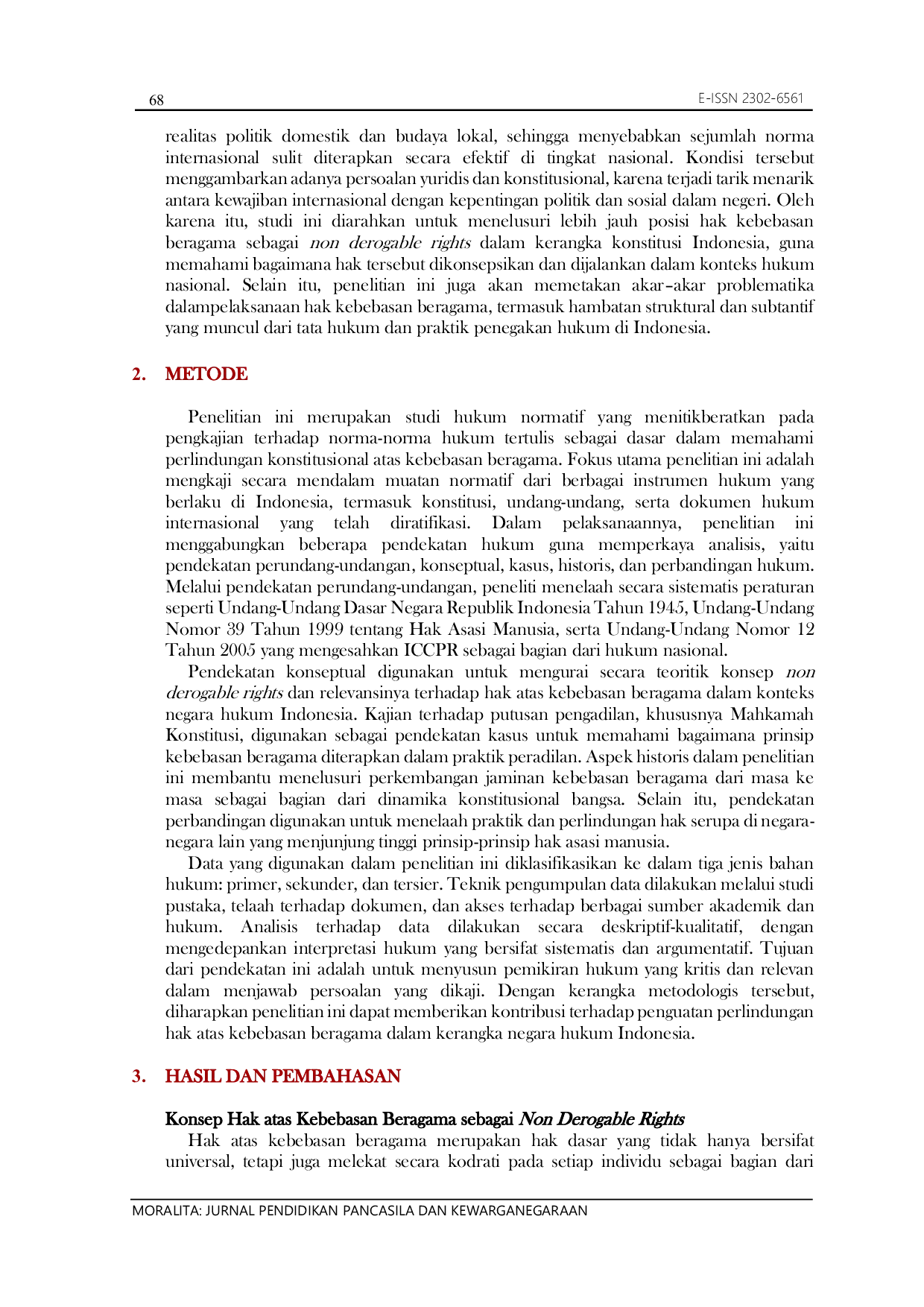 JURIS HAK ATAS KEBEBASAN BERAGAMA SEBAGAI NON DEROGABLE RIGHTS DALAM PERSPEKTIF KONSTITUSI INDONESIA