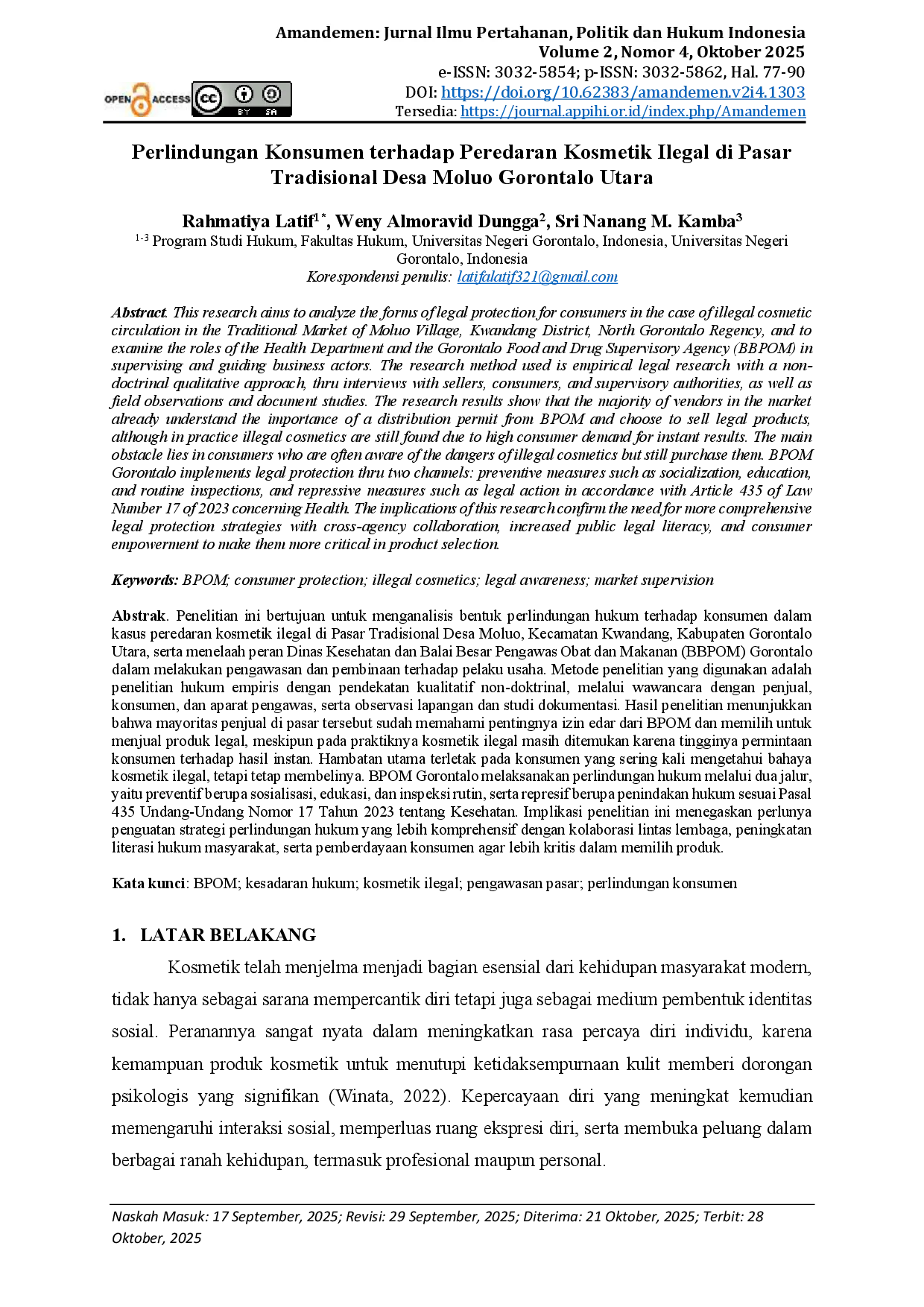 juris Perlindungan Konsumen terhadap Peredaran Kosmetik Ilegal di Pasar Tradisional Desa Moluo Gorontalo Utara