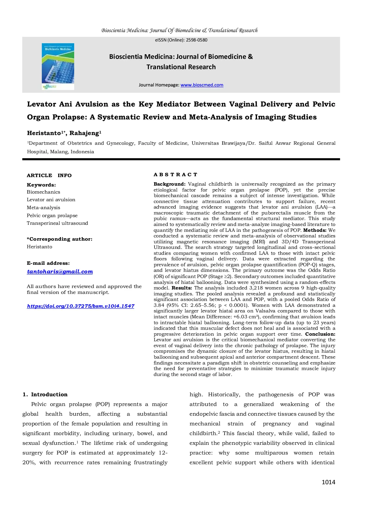 JURIS Levator Ani Avulsion as the Key Mediator Between Vaginal Delivery and Pelvic Organ Prolapse A Systematic Review and Meta Analysis of Imaging Studies