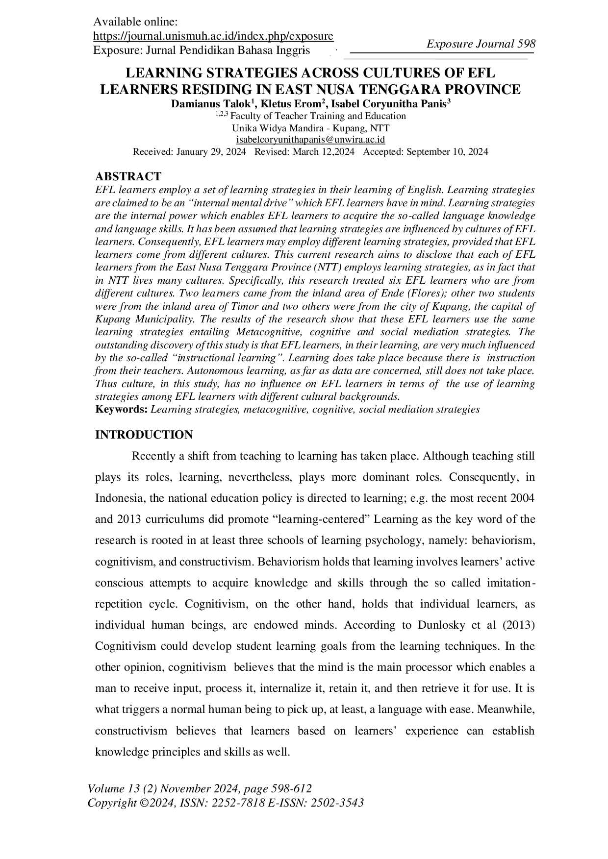 JURIS Learning Strategies Across Cultures of EFL Learners Residing in East Nusa Tenggara Province