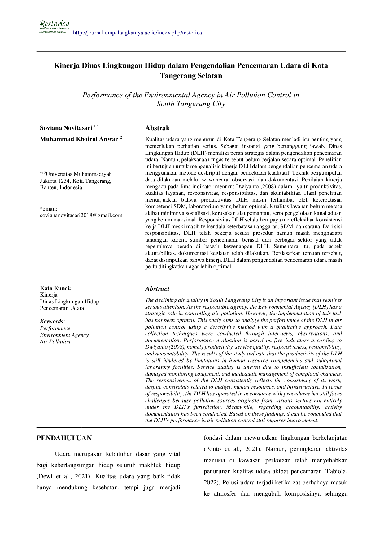 JURIS Kinerja Dinas Lingkungan Hidup dalam Pengendalian Pencemaran Udara di Kota Tangerang Selatan