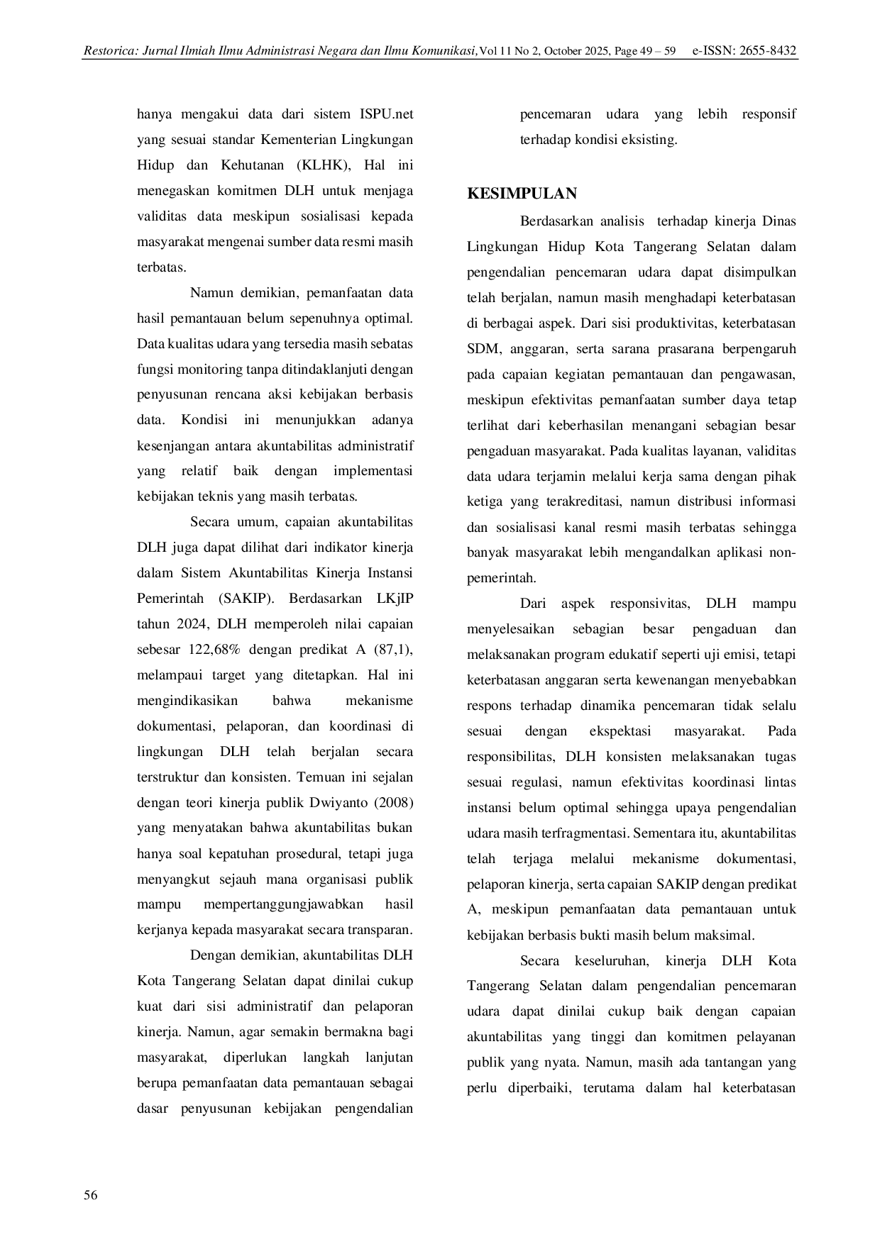 JURIS Kinerja Dinas Lingkungan Hidup dalam Pengendalian Pencemaran Udara di Kota Tangerang Selatan