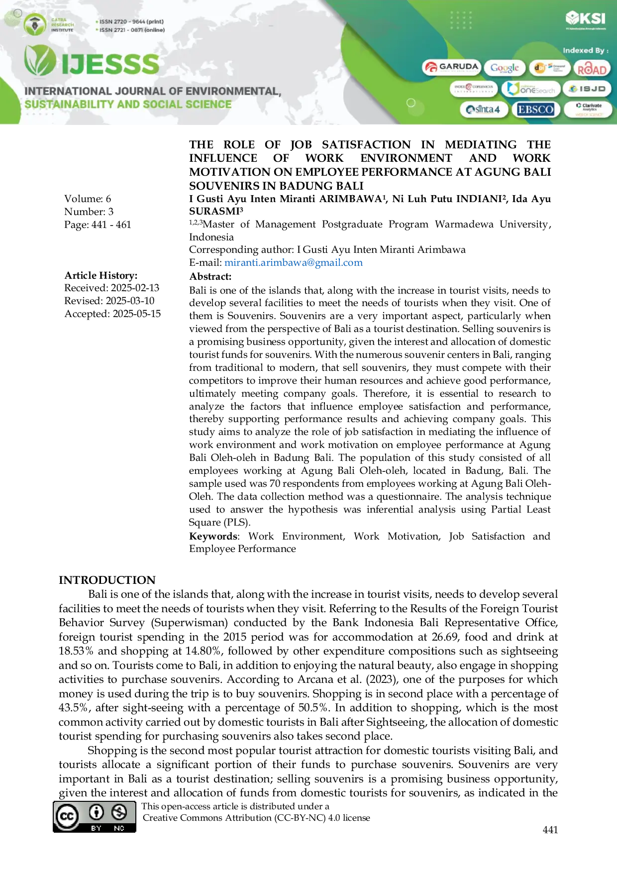 JURIS The Role of Job Satisfaction in Mediating the Influence of Work Environment and Work Motivation on Employee Performance at Agung Bali Souvenirs in Badung Bali