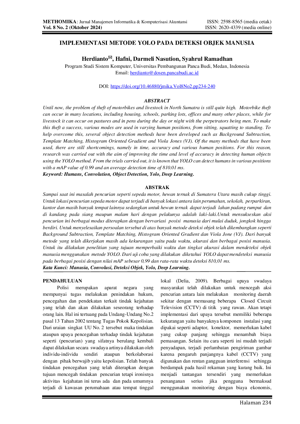 JURIS Implementasi Metode Yolo Pada Deteksi Objek Manusia