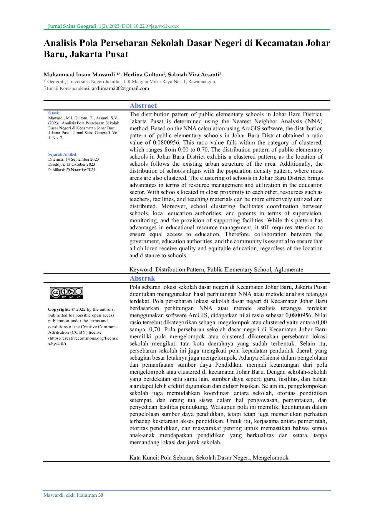 JURIS Analisis Pola Persebaran Sekolah Dasar Negeri di Kecamatan Johar Baru Jakarta Pusat
