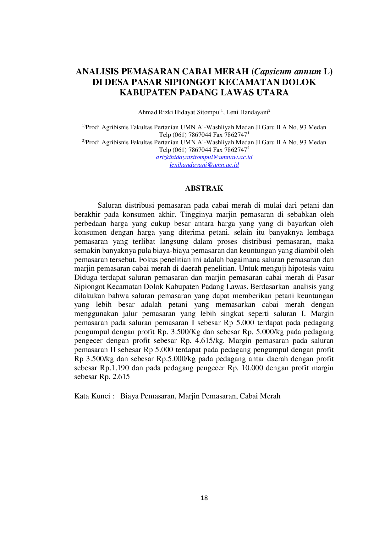 JURIS ANALISIS PEMASARAN CABAI MERAH Capsicum annum L DI DESA PASAR SIPIONGOT KECAMATAN DOLOK KABUPATEN PADANG LAWAS UTARA Agrisentrum