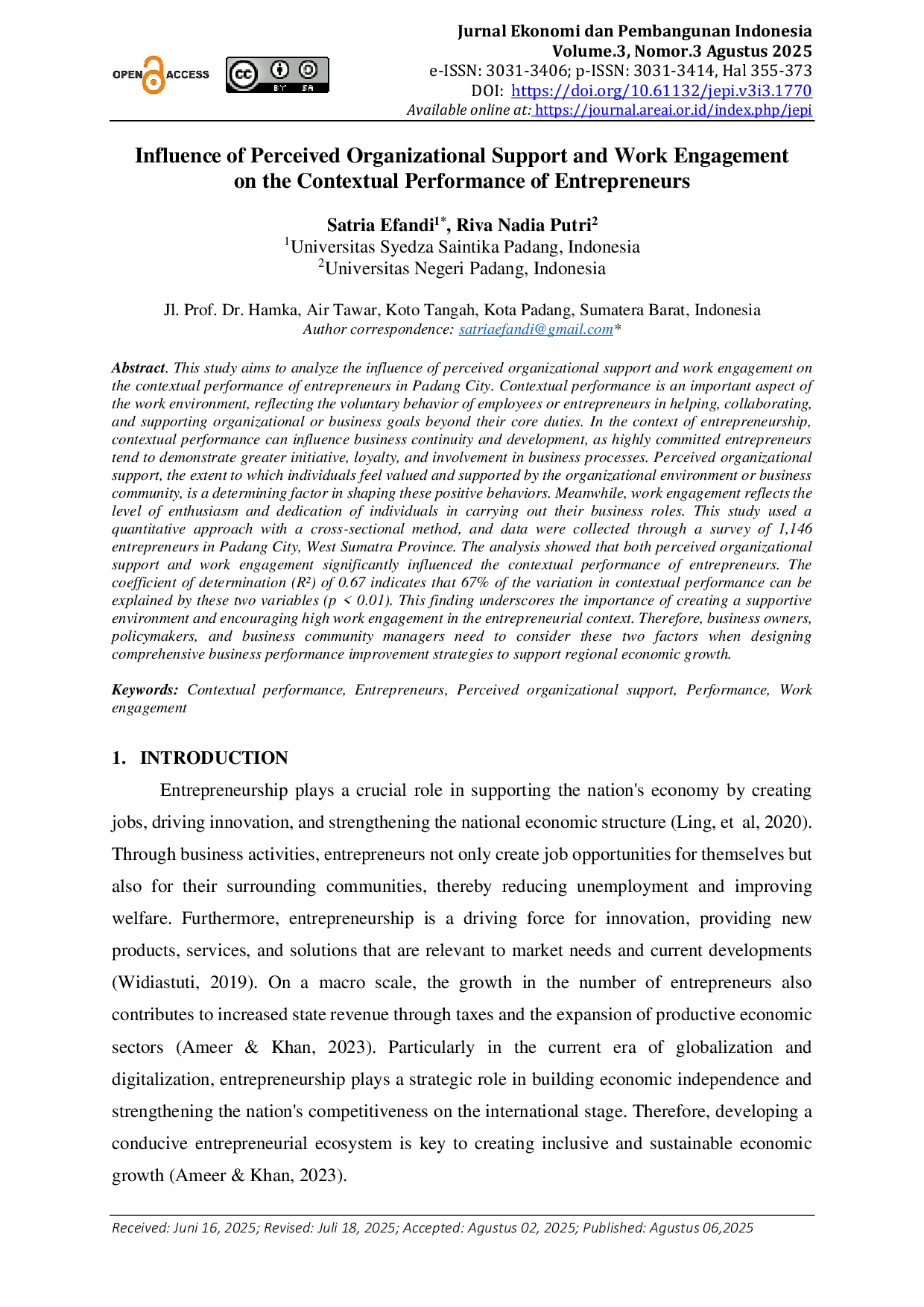 JURIS Influence of Perceived Organizational Support and Work Engagement on the Contextual Performance of Entrepreneurs