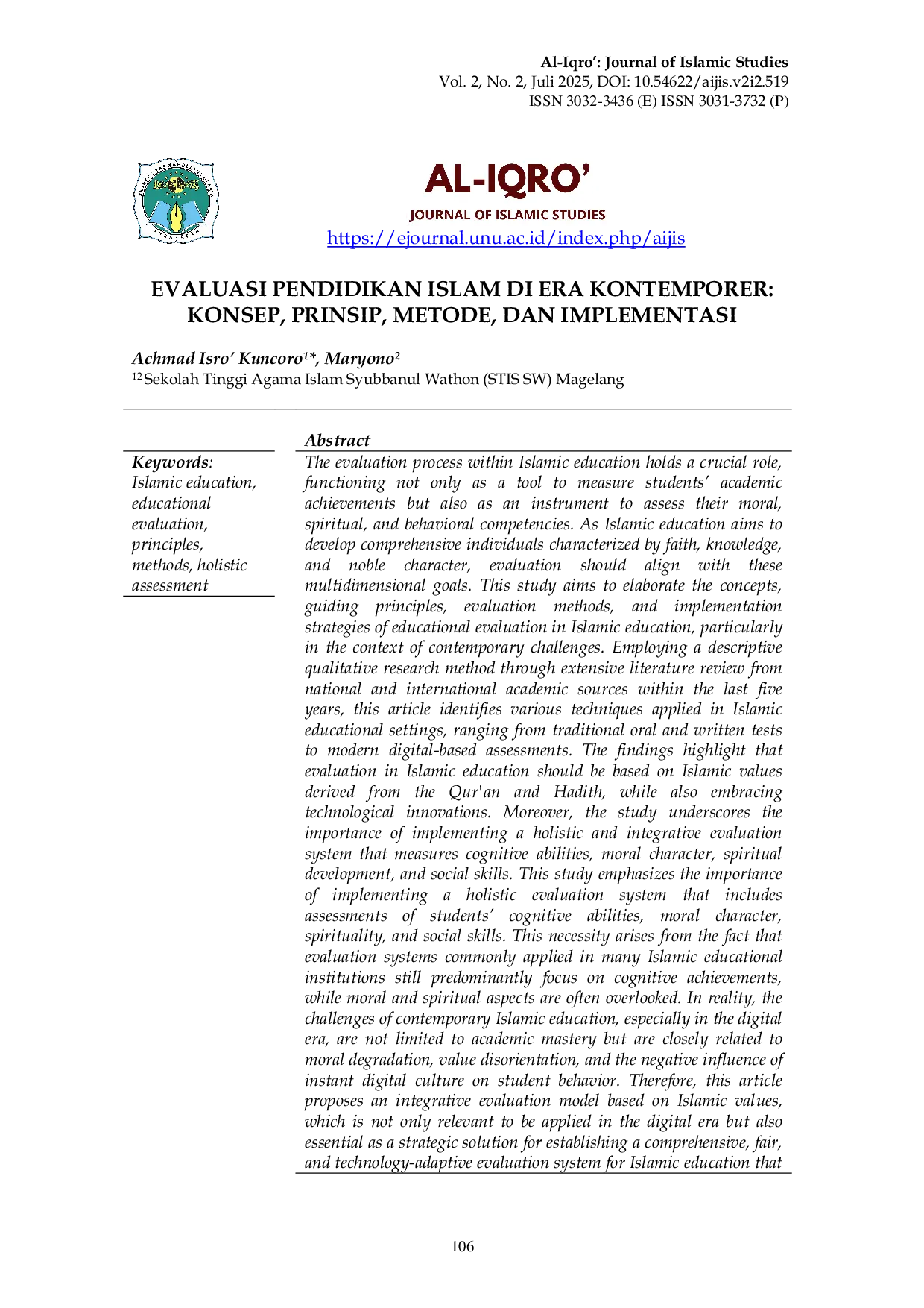 JURIS Evaluasi Pendidikan Islam di Era Kontemporer Konsep Prinsip Metode dan Implementasi