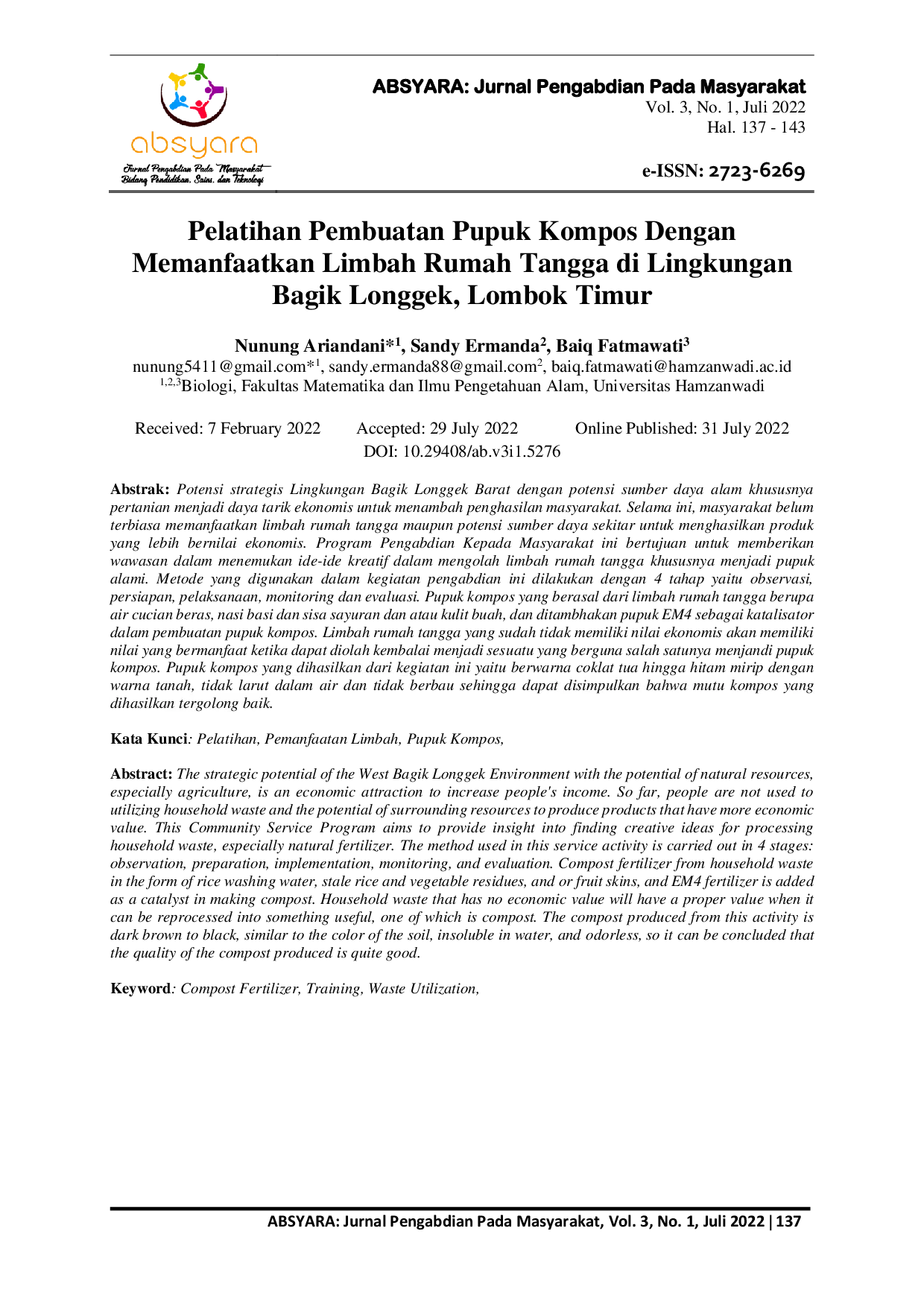 JURIS Pelatihan Pembuatan Pupuk Kompos Dengan Memanfaatkan Limbah Rumah Tangga di Lingkungan Bagik Longgek Lombok Timur