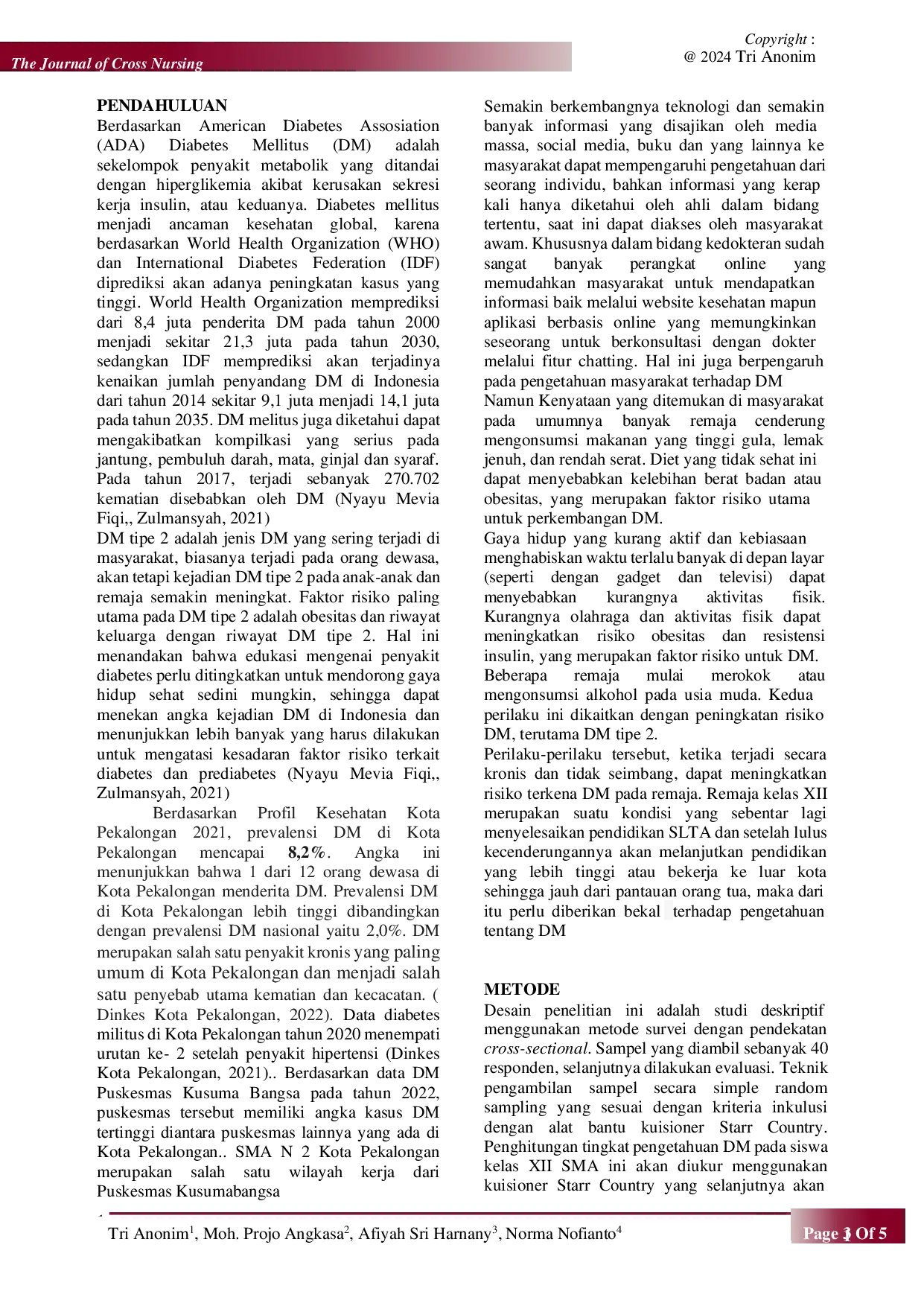 JURIS Tingkat Pengetahuan Siswa Sma N 2 Kelas XII Kota Pekalongan Tentang Diabetes Melitus