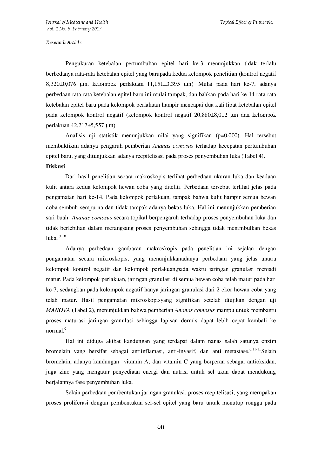 juris Topical Effect of Pinneaple i Ananas comosus i Juice in Combustio Healing Process Measured by Granulation Process Reepitelialisation and Angiogenesis