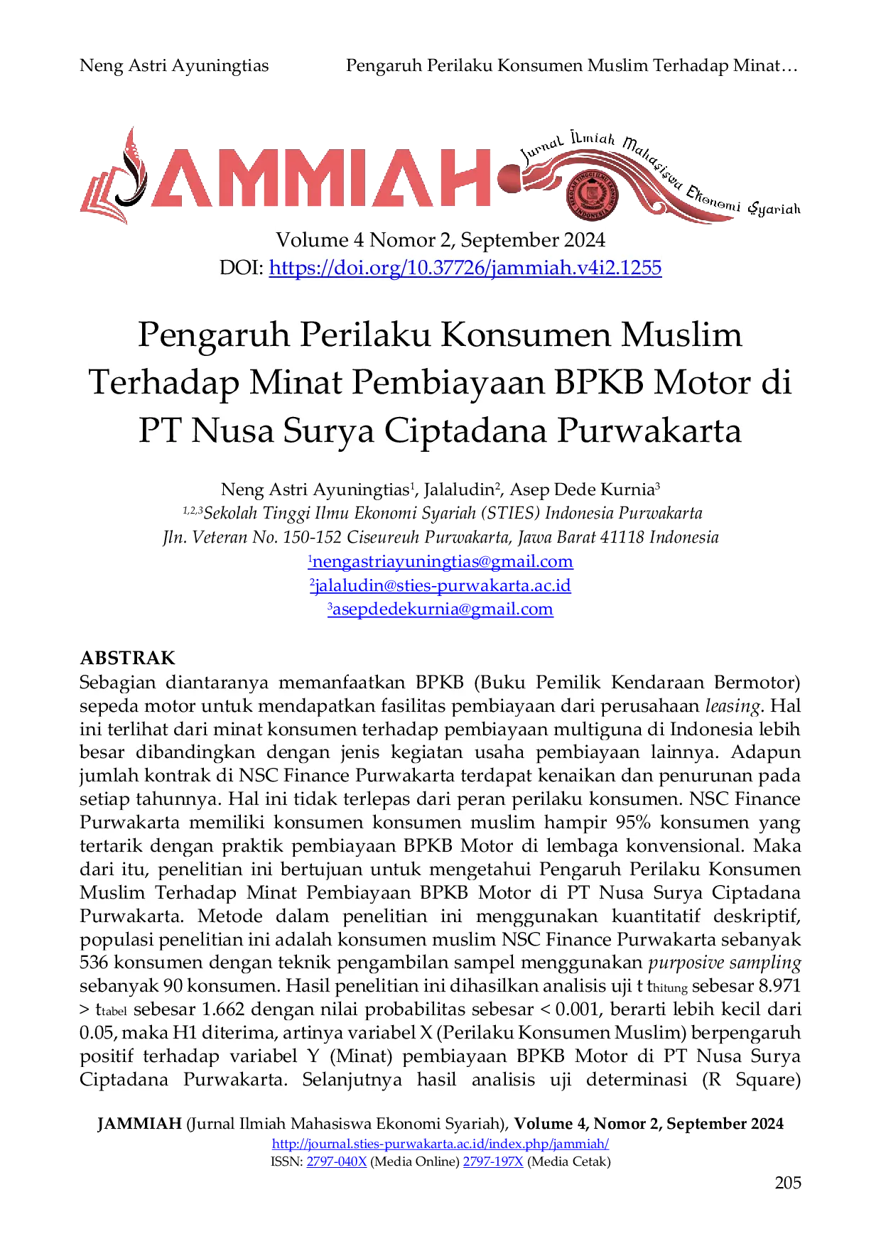 JURIS Pengaruh Perilaku Konsumen Muslim Terhadap Minat Pembiayaan BPKB Motor di PT Nusa Surya Ciptadana Purwakarta