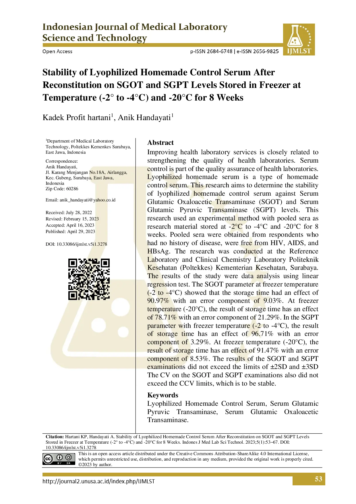 juris Stability of Lyophilized Homemade Control Serum After Reconstitution on SGOT and SGPT Levels Stored in Freezer at Temperature 2 to 4 C and 20 C for 8 Weeks
