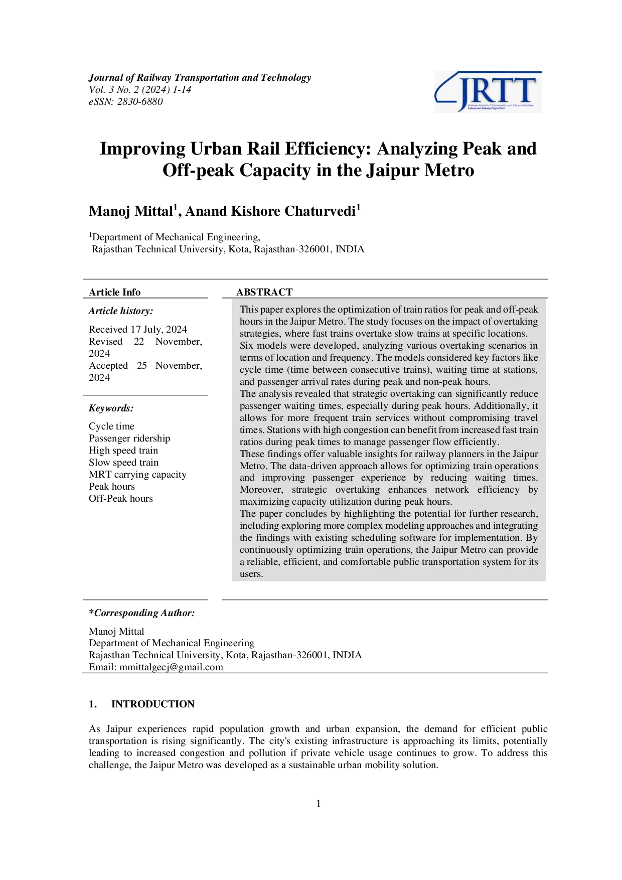 JURIS Improving Urban Rail Efficiency Analyzing Peak and Off peak Capacity in the Jaipur Metro