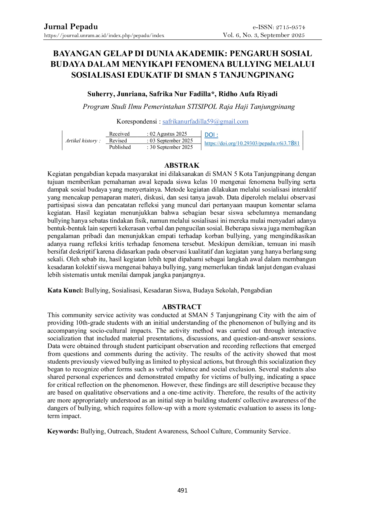 JURIS Bayangan Gelap Di Dunia Akademik Pengaruh Sosial Budaya Dalam Menyikapi Fenomena Bullying Melalui Sosialisasi Edukatif Di Sman 5 Tanjungpinang