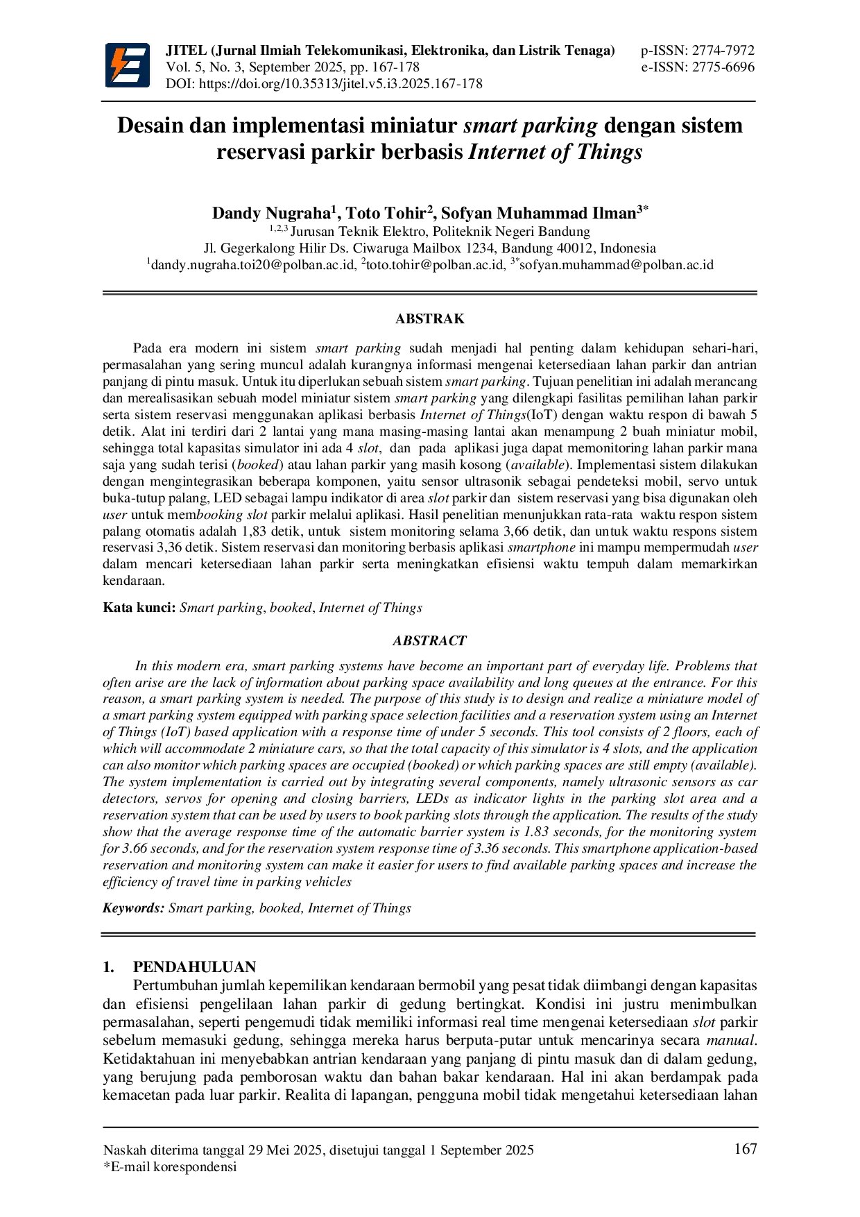 JURIS Desain dan implementasi miniatur smart parking dengan sistem reservasi parkir berbasis Internet of Things