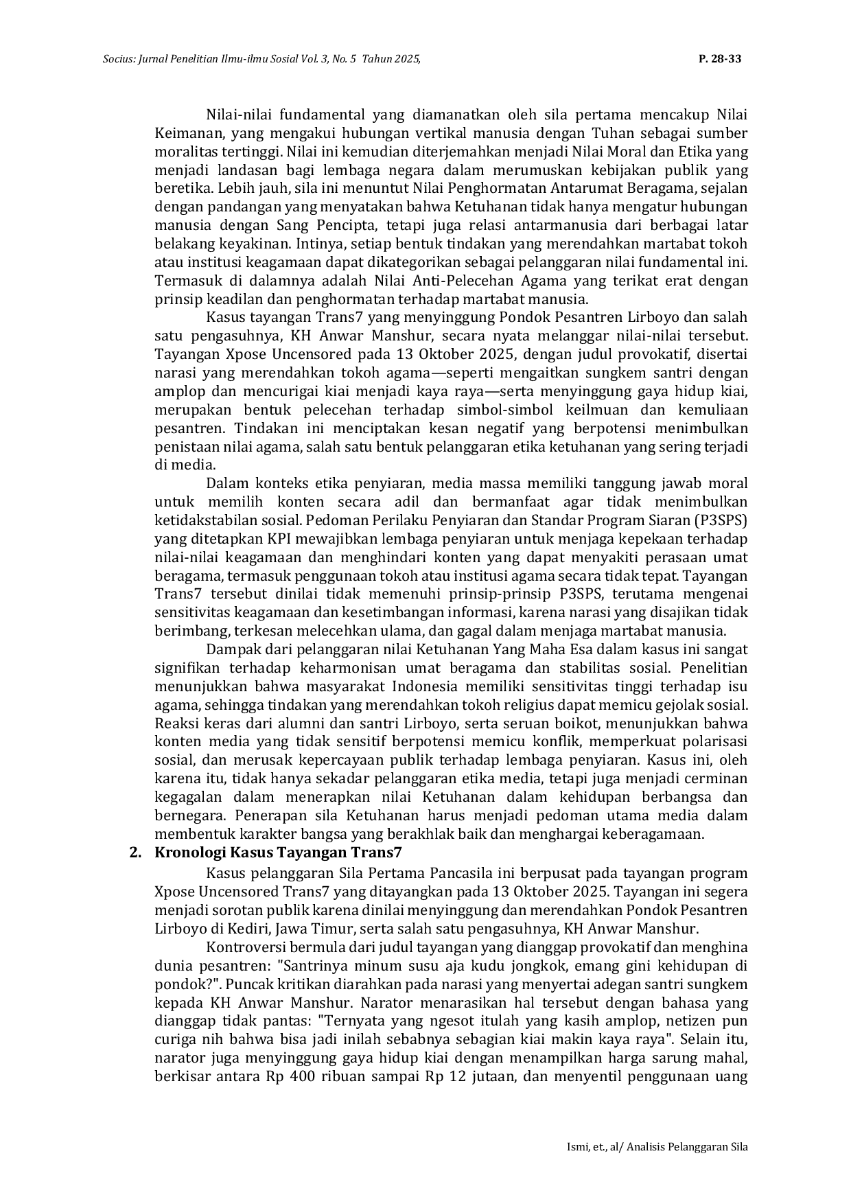 JURIS Analisis Pelanggaran Sila Pertama Pancasila Dalam Kontroversi Tayangan Trans7 Yang Dianggap Menghina Kiai dan Pesantren