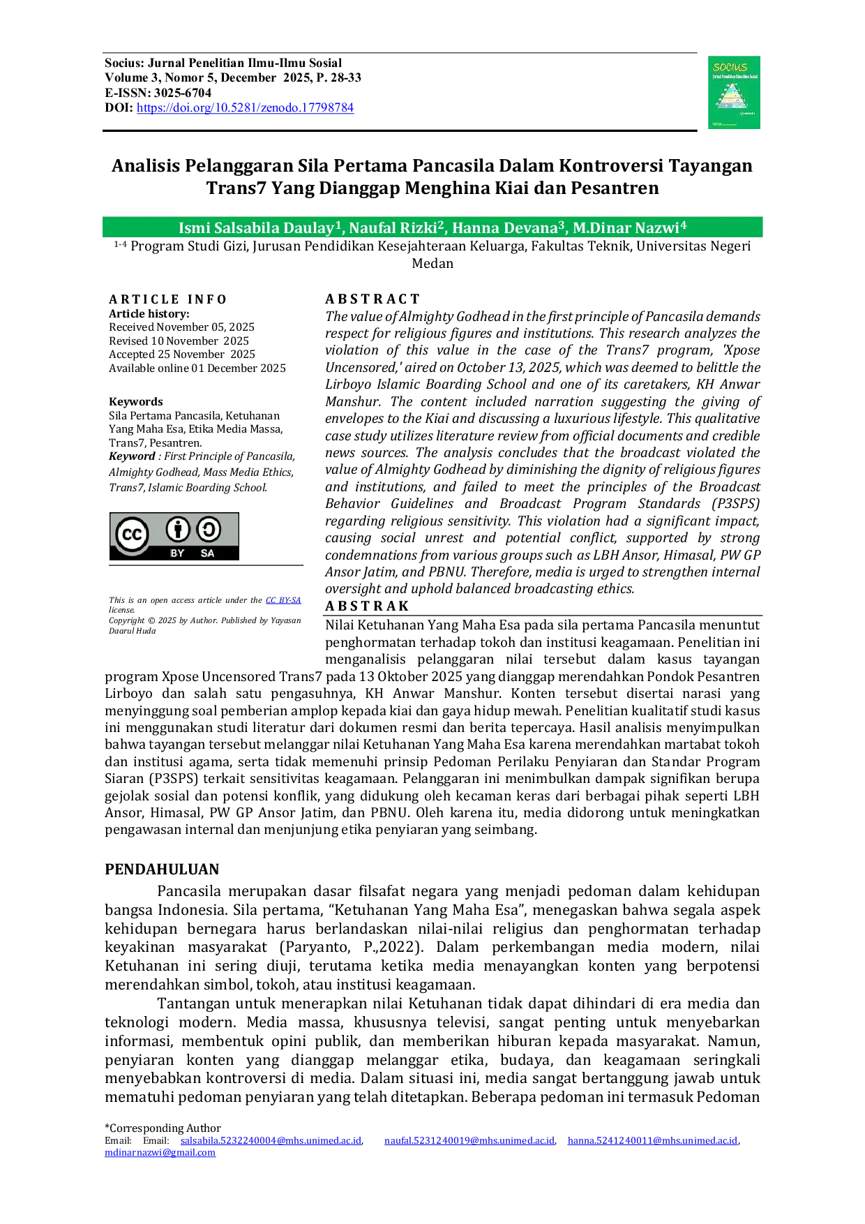 JURIS Analisis Pelanggaran Sila Pertama Pancasila Dalam Kontroversi Tayangan Trans7 Yang Dianggap Menghina Kiai dan Pesantren