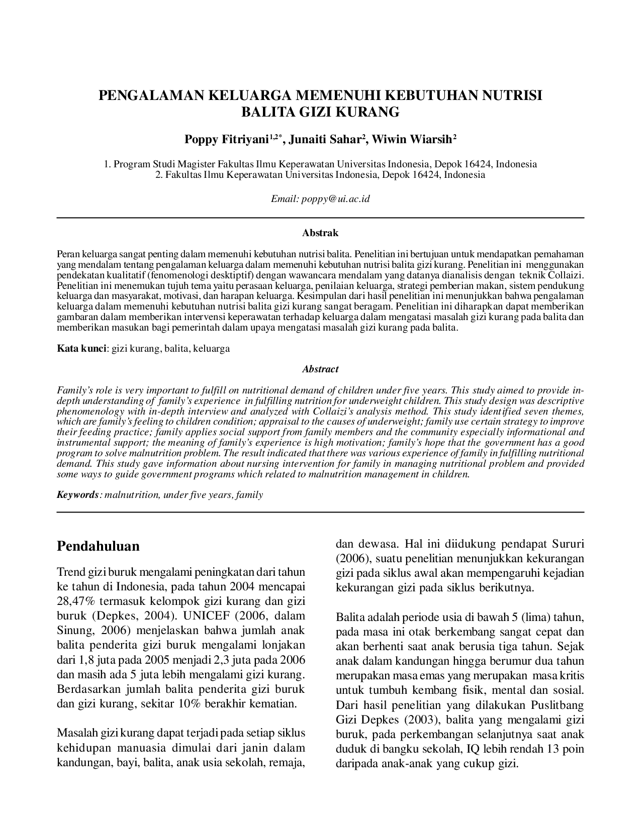 juris Pengalaman Keluarga Memenuhi Kebutuhan Nutrisi Balita Gizi Kurang