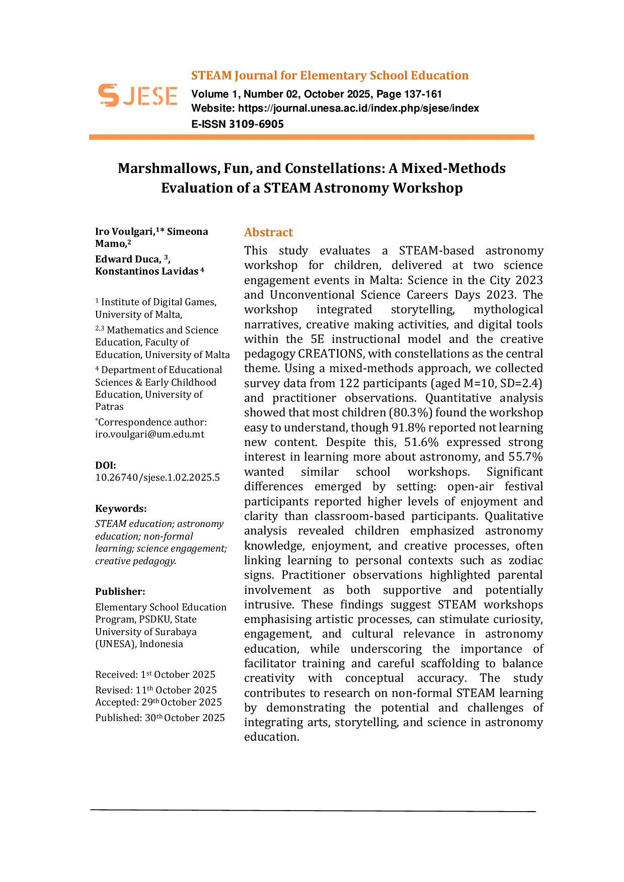 JURIS Marshmallows Fun and Constellations A Mixed Methods Evaluation of a STEAM Astronomy Workshop