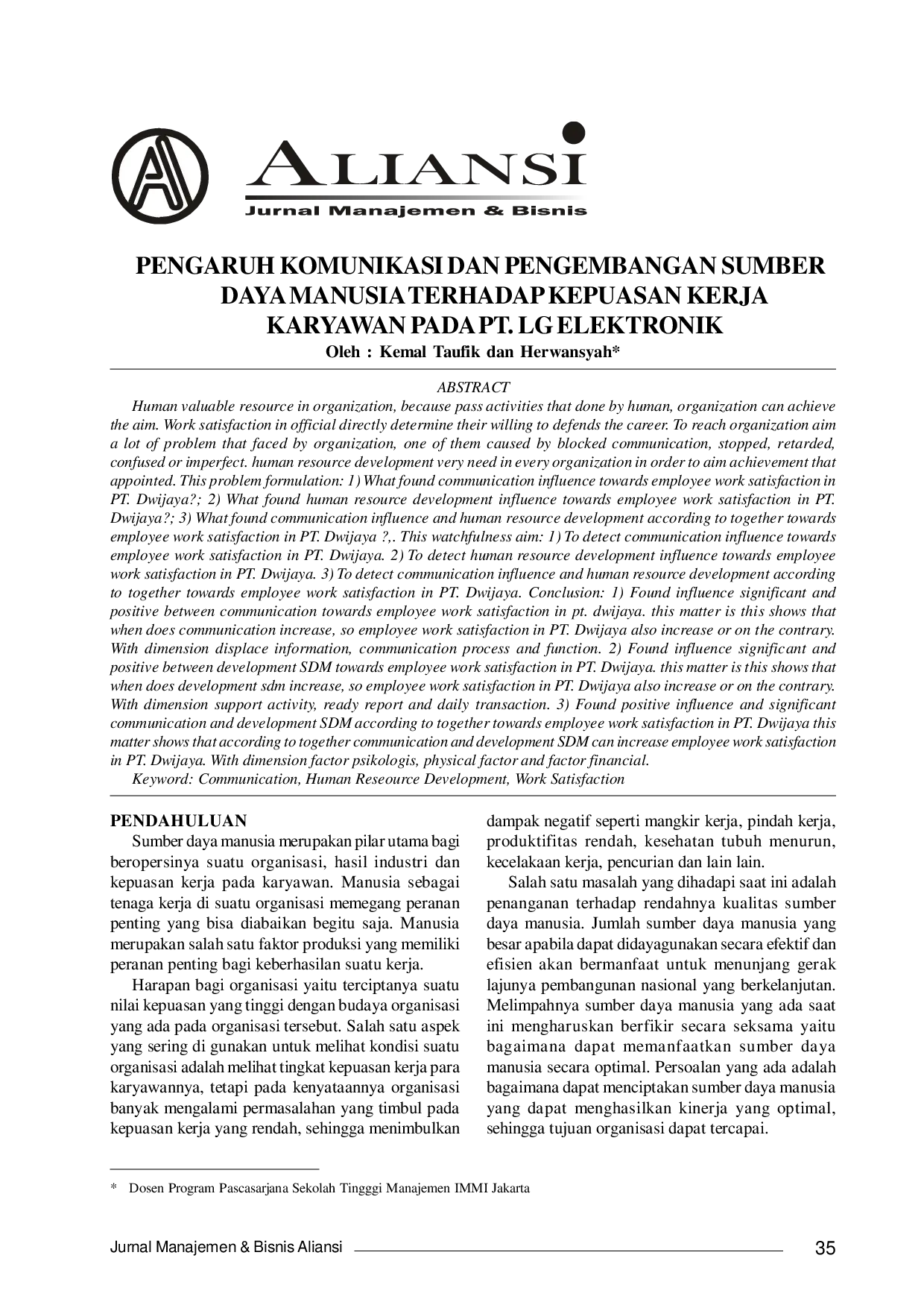JURIS Pengaruh Komunikasi dan Pengembangan Sumber Daya Manusia Terhadap Kepuasan Kerja Karyawan Pada PT LG Elektronik