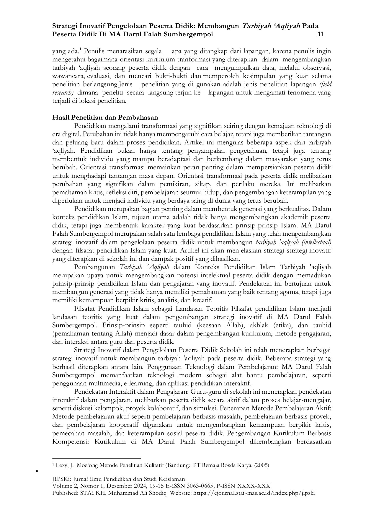 JURIS Strategi Inovatif Pengelolaan Peserta Didik Membangun Tarbiyah Aqliyah Pada Peserta Didik Di MA Darul Falah Sumbergempol