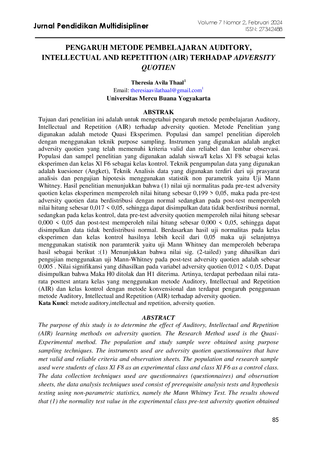 juris Pengaruh Metode Pembelajaran Auditory Intellectual and Repetition AIR Terhadap Adversity Quotien