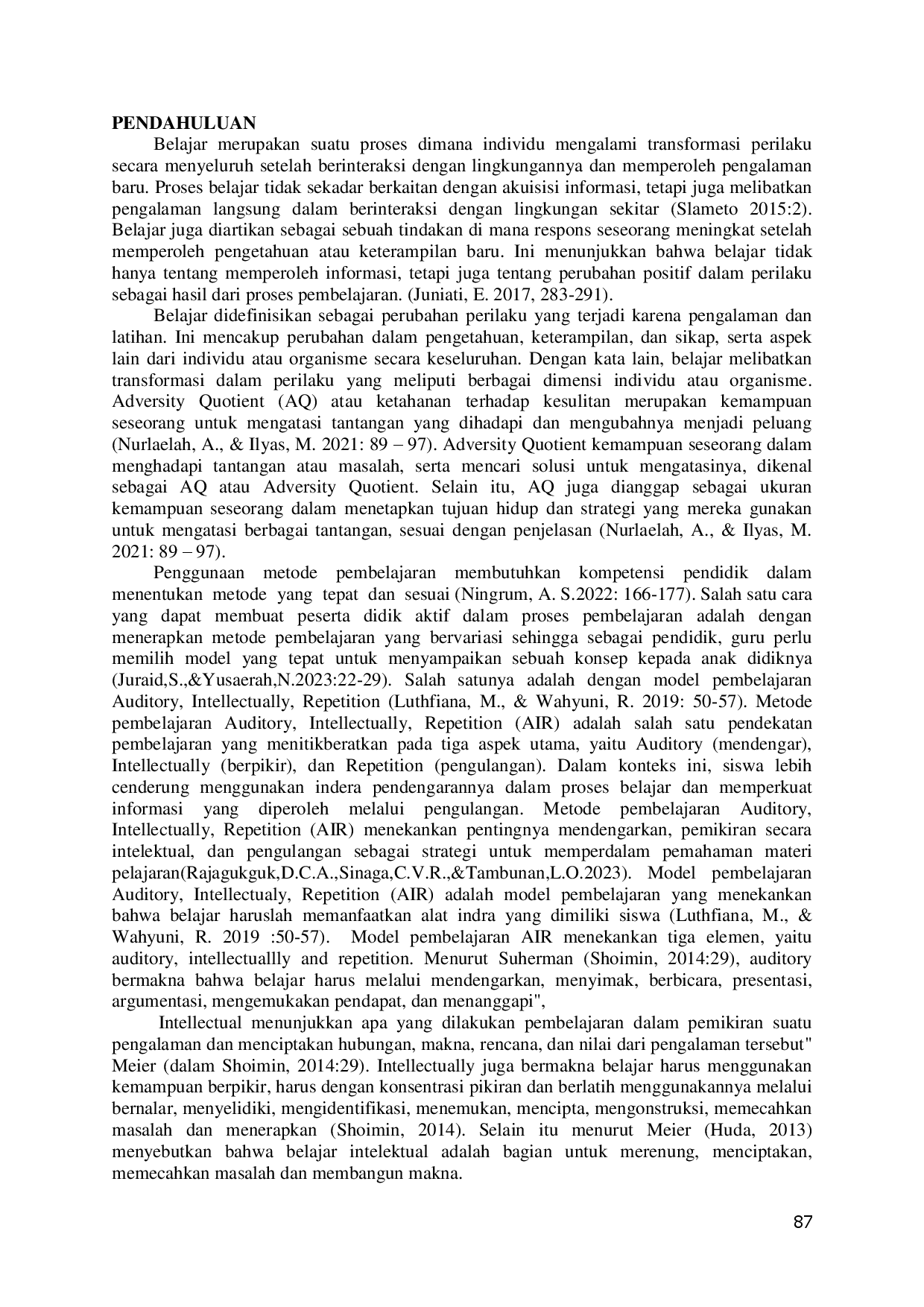 juris Pengaruh Metode Pembelajaran Auditory Intellectual and Repetition AIR Terhadap Adversity Quotien