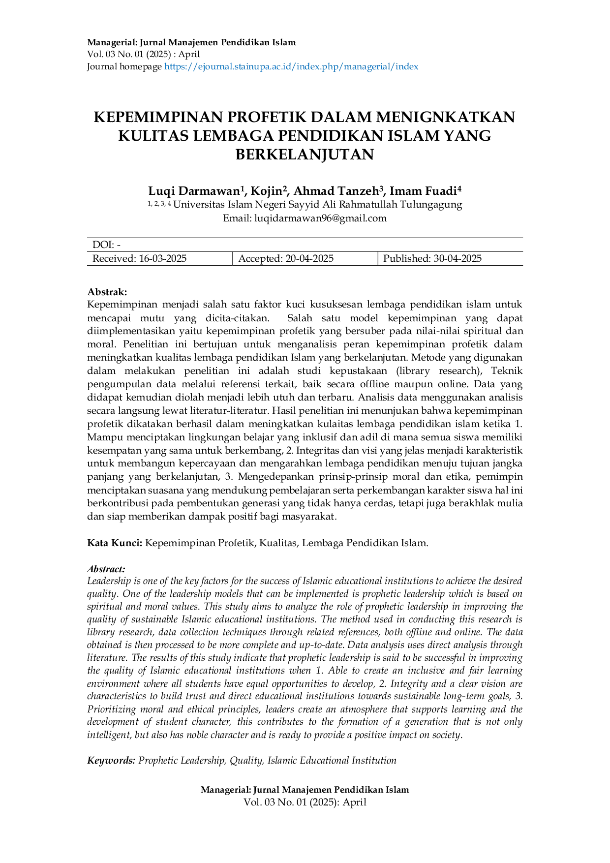 JURIS Kepemimpinan Profetik Dalam Meningkatkan Kualitas Lembaga Pendidikan Islam Yang Berkelanjutan