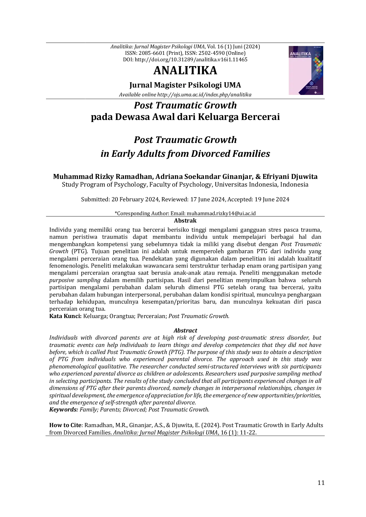 JURIS Post Traumatic Growth in Early Adults from Divorced Families