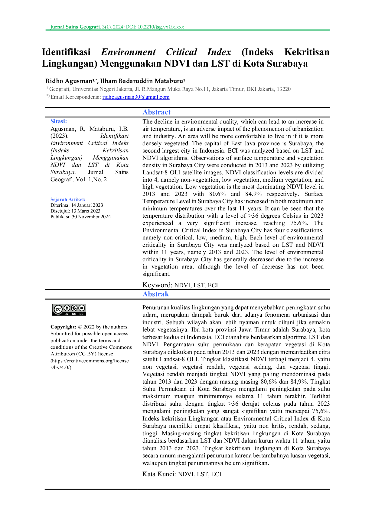 JURIS Identification of Environment Critical Index Using NDVI and LST in Surabaya City