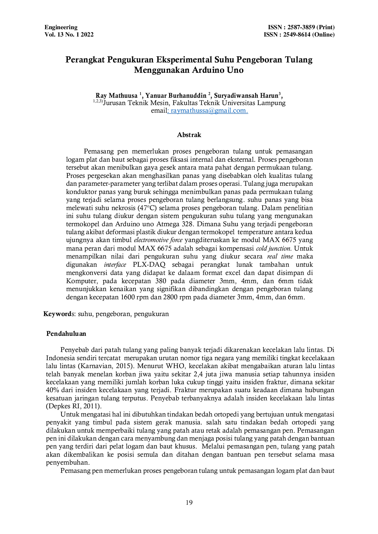 JURIS Perangkat Pengukuran Eksperimental Suhu Pengeboran Tulang Menggunakan Arduino Uno