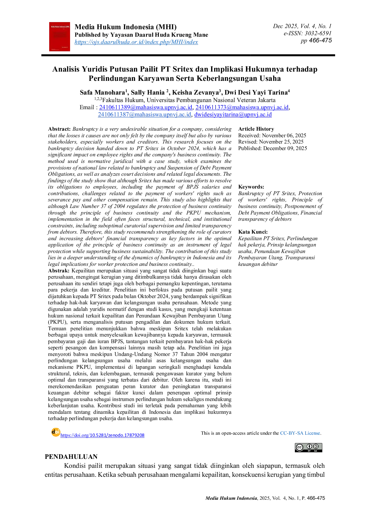 JURIS Analisis Yuridis Putusan Pailit PT Sritex dan Implikasi Hukumnya terhadap Perlindungan Karyawan Serta Keberlangsungan Usaha