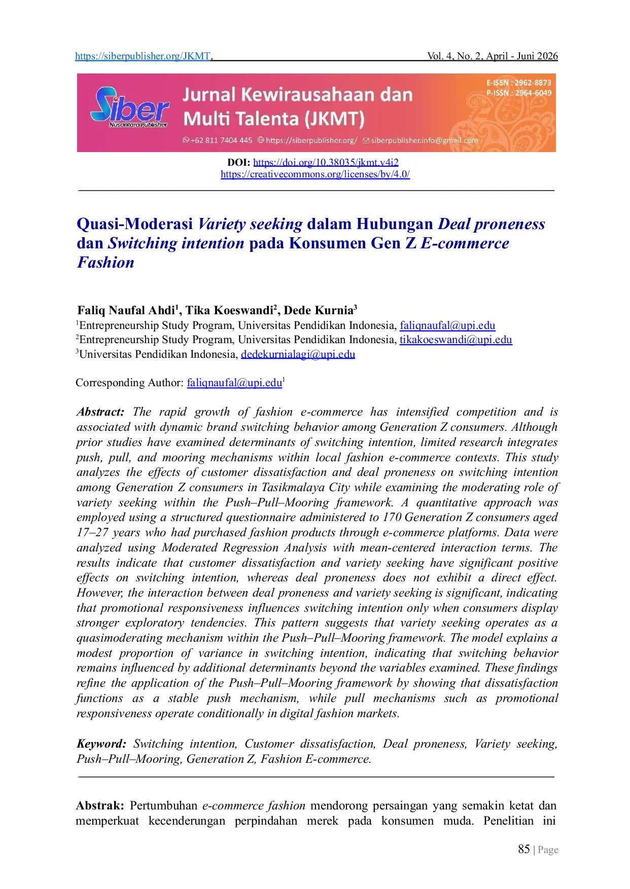 JURIS Quasi Moderasi Variety seeking dalam Hubungan Deal proneness dan Switching intention pada Konsumen Gen Z E commerce Fashion