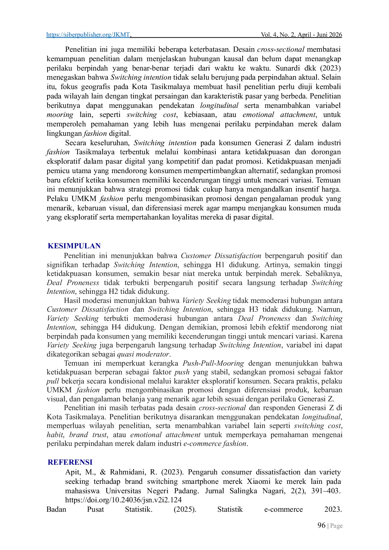 JURIS Quasi Moderasi Variety seeking dalam Hubungan Deal proneness dan Switching intention pada Konsumen Gen Z E commerce Fashion