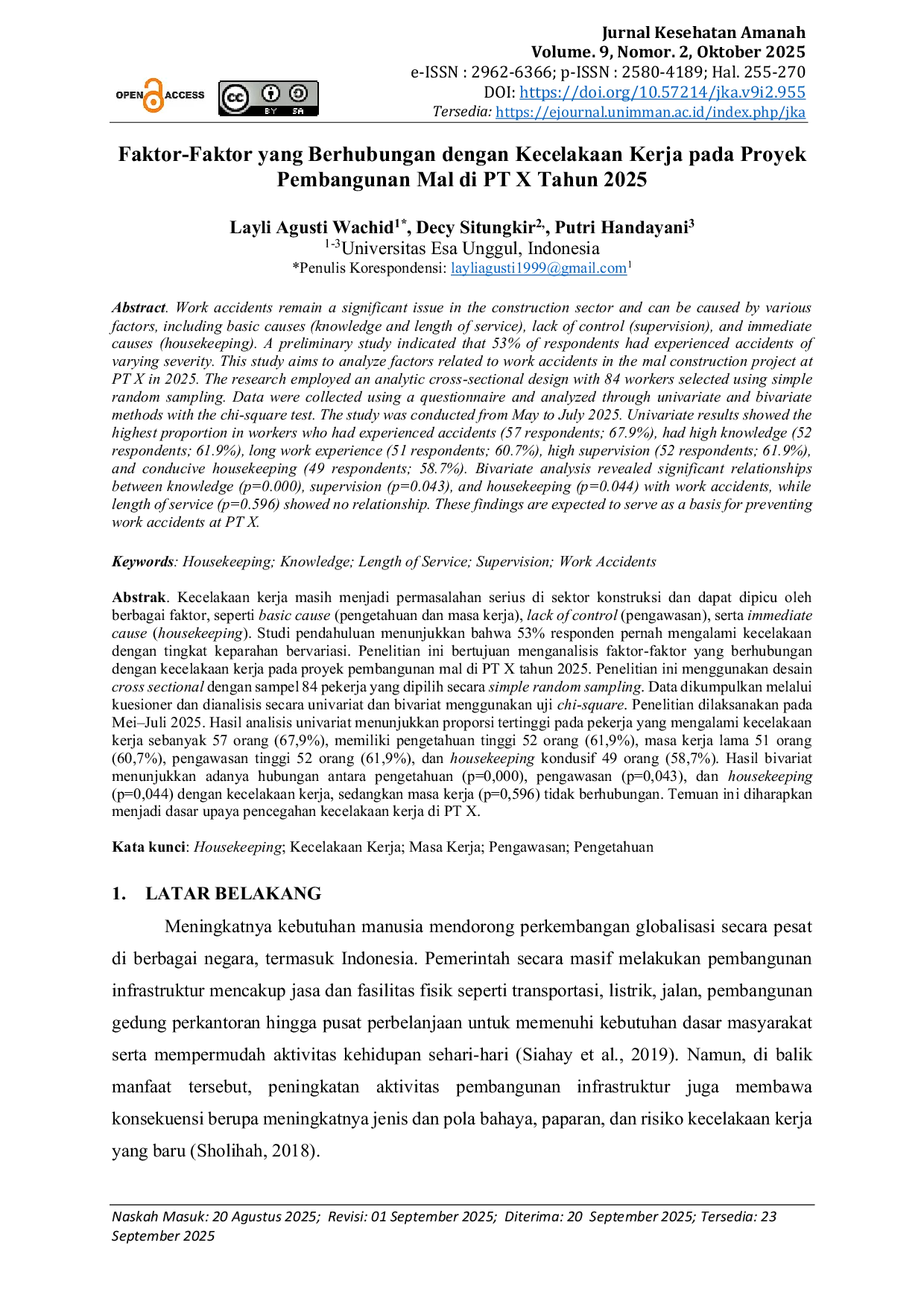 JURIS Faktor Faktor yang Berhubungan dengan Kecelakaan Kerja pada Proyek Pembangunan Mal di PT X Tahun 2025