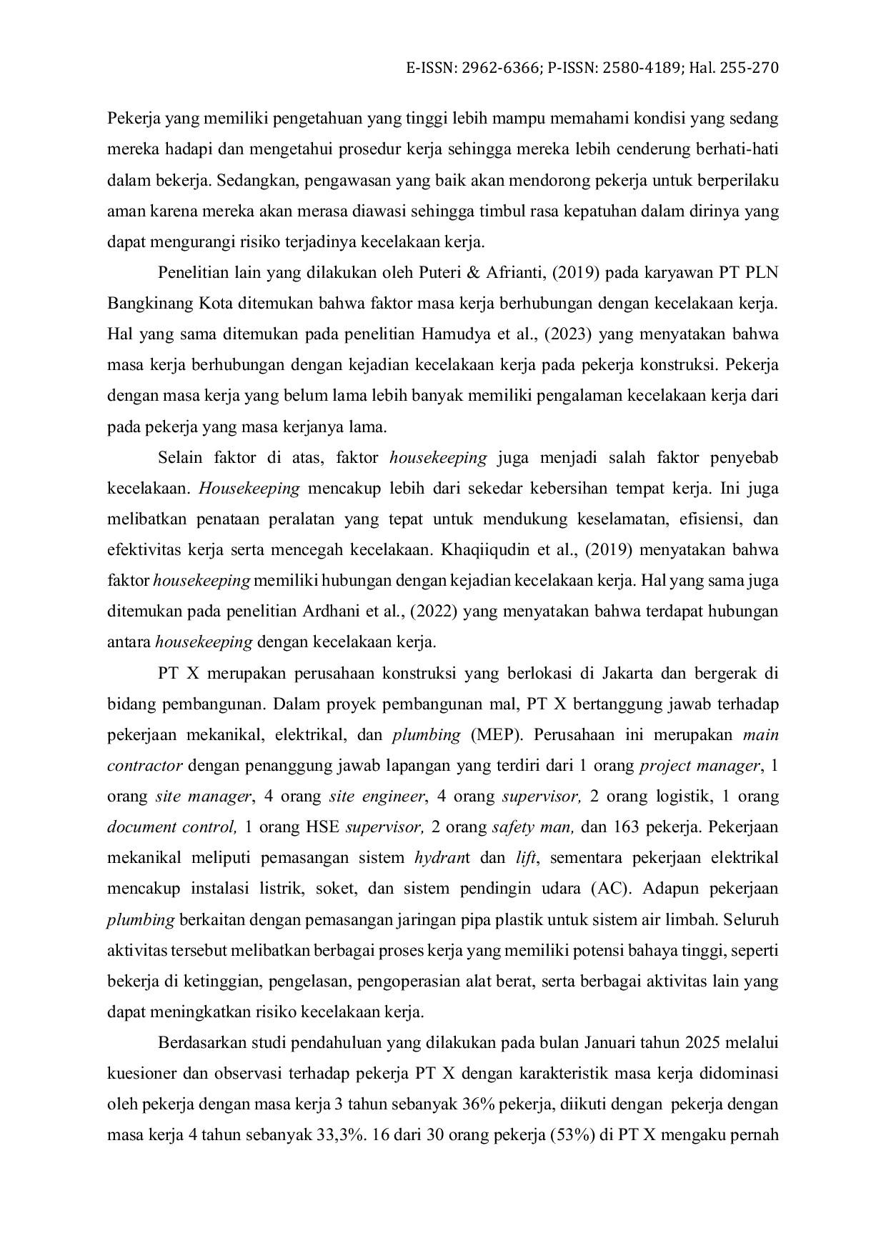 JURIS Faktor Faktor yang Berhubungan dengan Kecelakaan Kerja pada Proyek Pembangunan Mal di PT X Tahun 2025