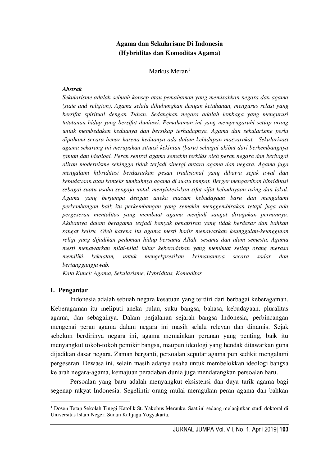 JURIS Agama dan Sekularisme Di Indonesia Hybriditas dan Komoditas Agama