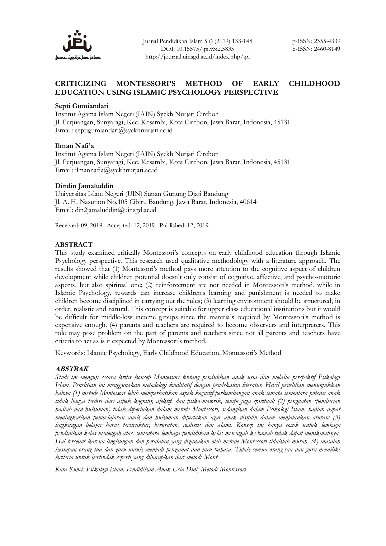 JURIS Criticizing Montessori s Method of Early Childhood Education using Islamic Psychology Perspective