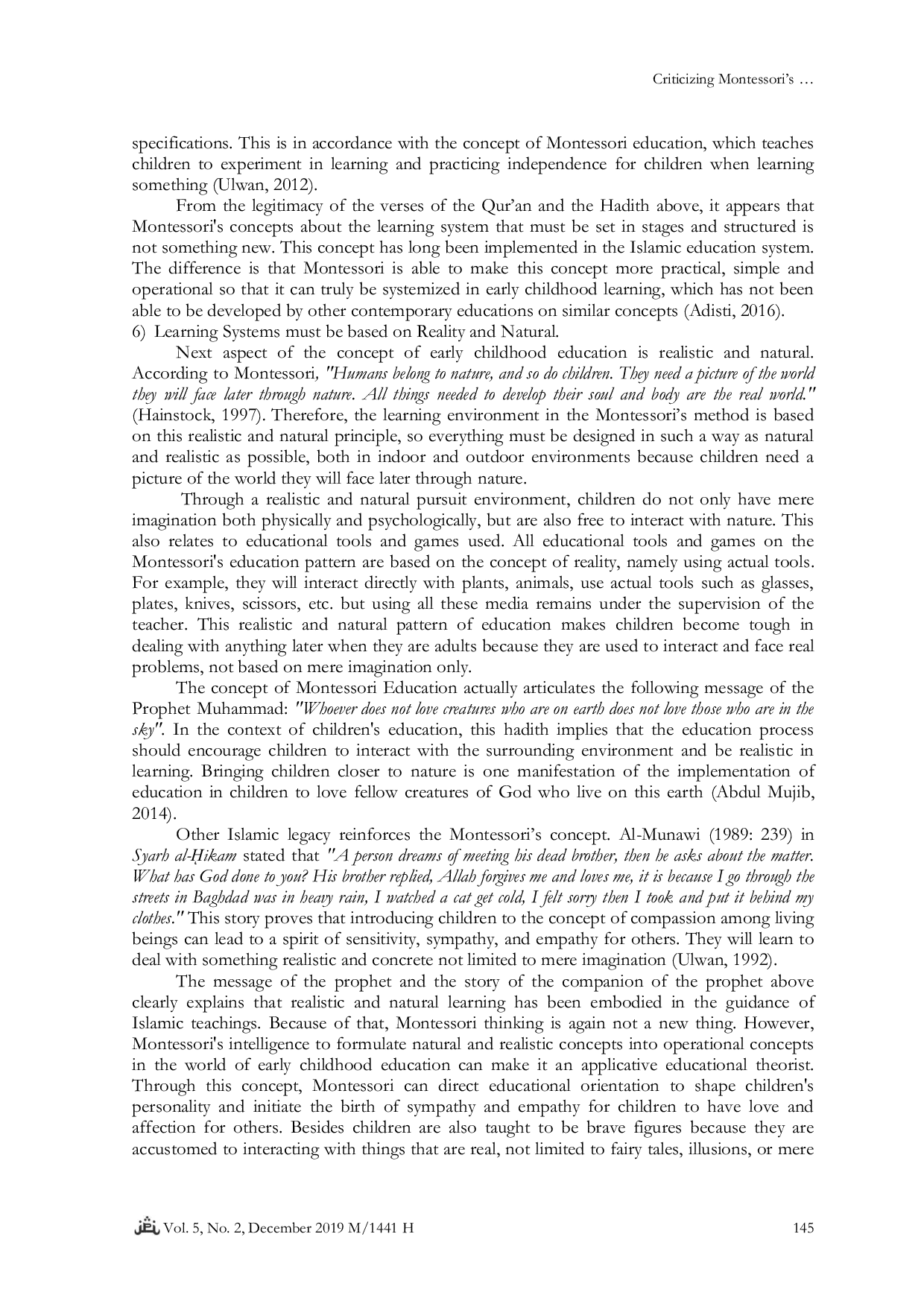JURIS Criticizing Montessori s Method of Early Childhood Education using Islamic Psychology Perspective