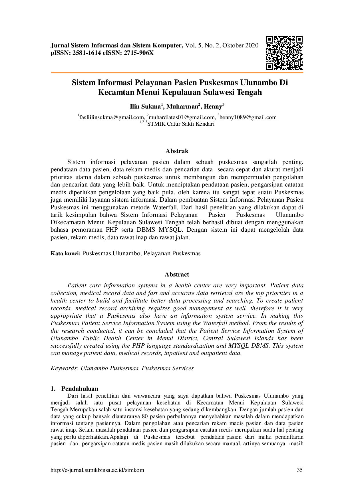 JURIS Sistem Informasi Pelayanan Pasien Puskesmas Ulunambo Di Kecamatan Menui Kepulauan Sulawesi Tengah