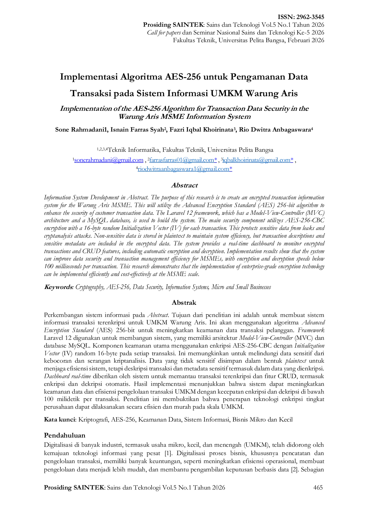JURIS Implementasi Algoritma AES 256 untuk Pengamanan Data Transaksi pada Sistem Informasi UMKM Warung Aris
