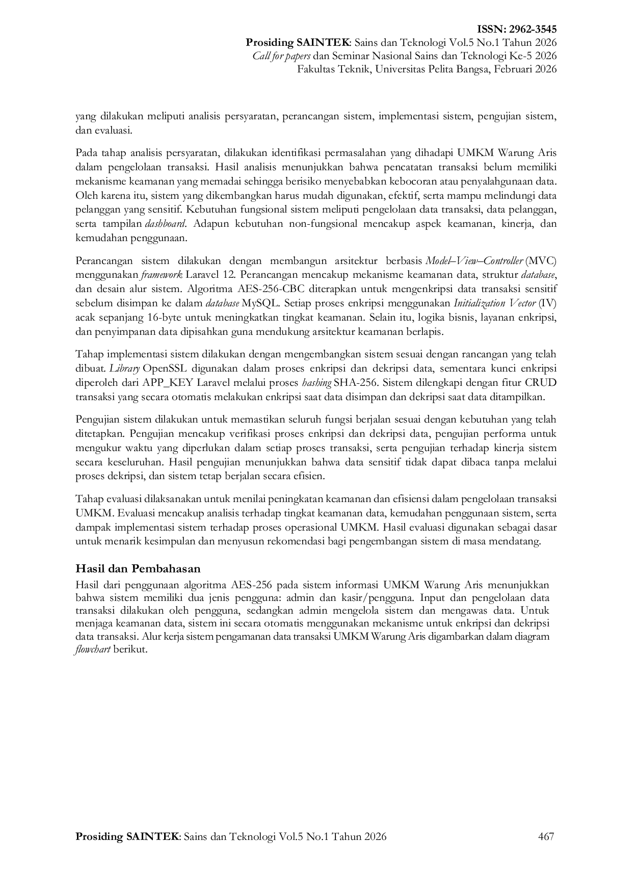JURIS Implementasi Algoritma AES 256 untuk Pengamanan Data Transaksi pada Sistem Informasi UMKM Warung Aris