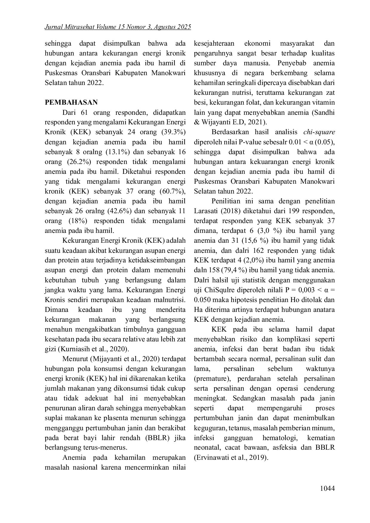 JURIS Hubungan Kekurangan Energi Kronik Dengan Kejadian Anemia Ibu Hamil Di Puskesmas Oransbari Kabupaten Manokwari Selatan