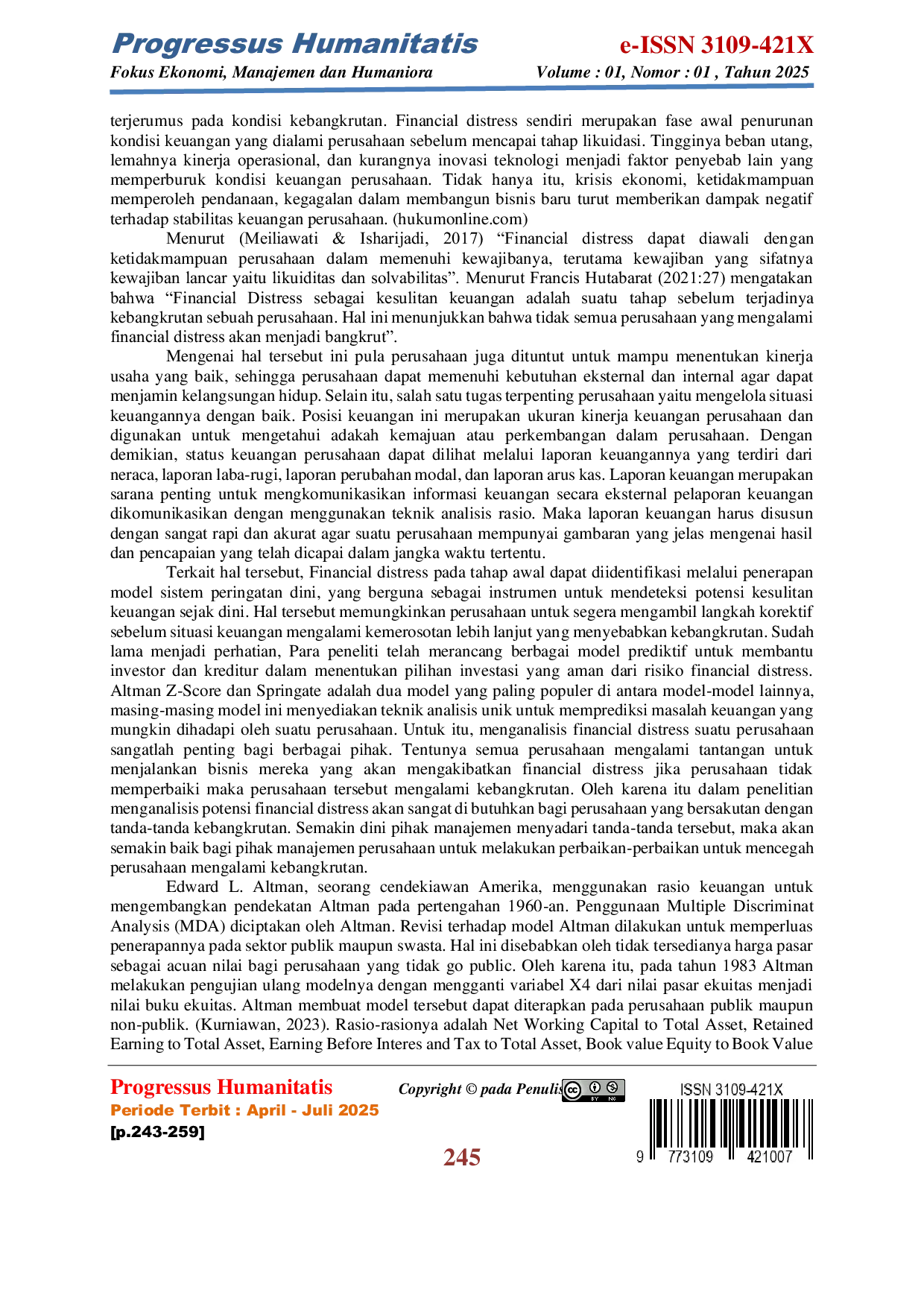 JURIS Analisis Prediksi Financial Distress dengan Menggunakan Metode Altman Z Score dan Metode Springate pada Perusahaan PT Waskita Karya Tbk Periode 2021 2024