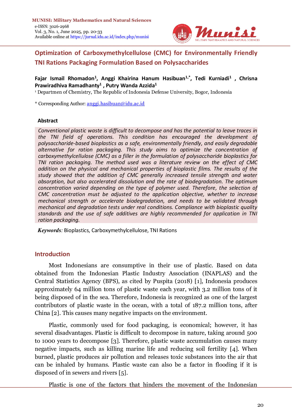 JURIS Optimization of Carboxymethylcellulose CMC for Environmentally Friendly TNI Rations Packaging Formulation Based on Polysaccharides