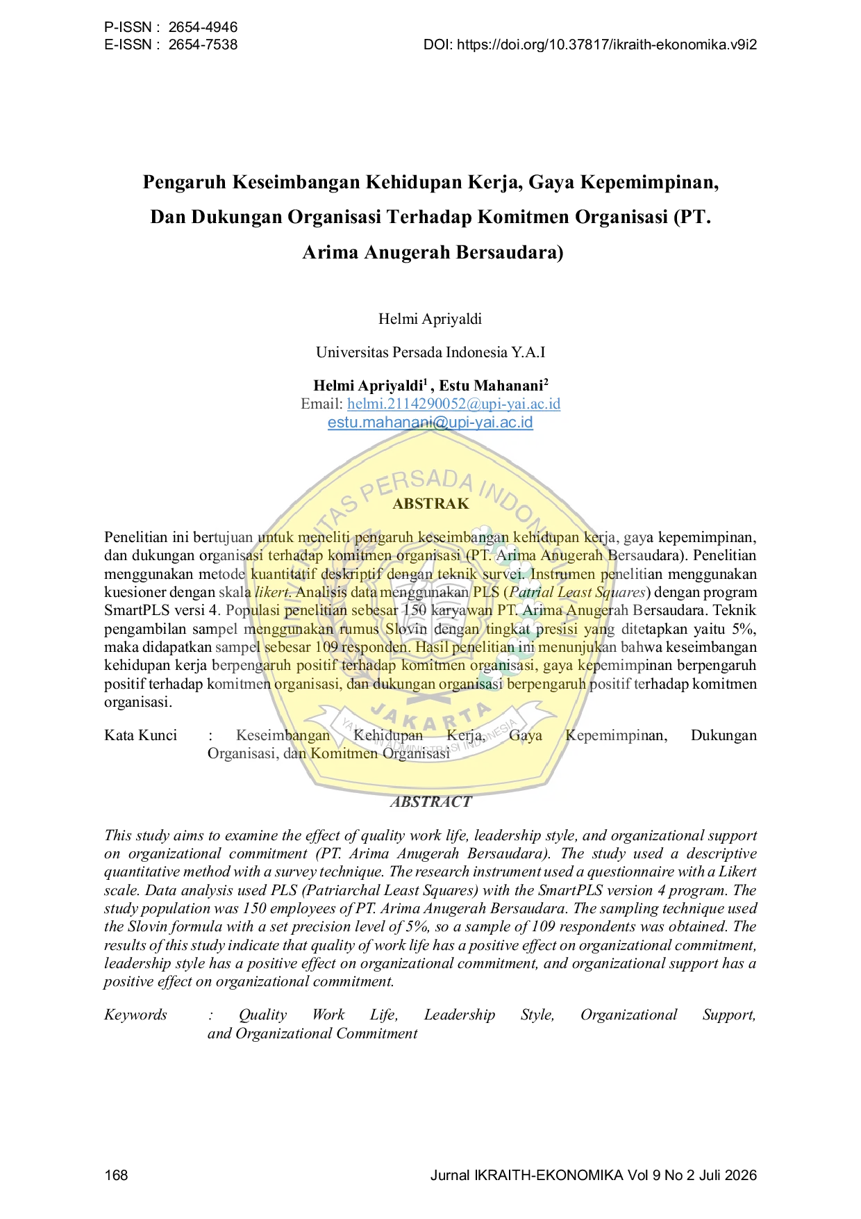 JURIS Pengaruh Keseimbangan Kehidupan Kerja Gaya Kepemimpinan Dan Dukungan Organisasi Terhadap Komitmen Organisasi PT Arima Anugerah Bersaudara
