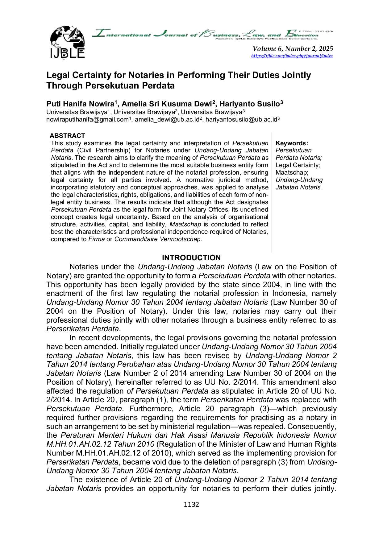 JURIS Legal Certainty for Notaries in Performing Their Duties Jointly Through Persekutuan Perdata