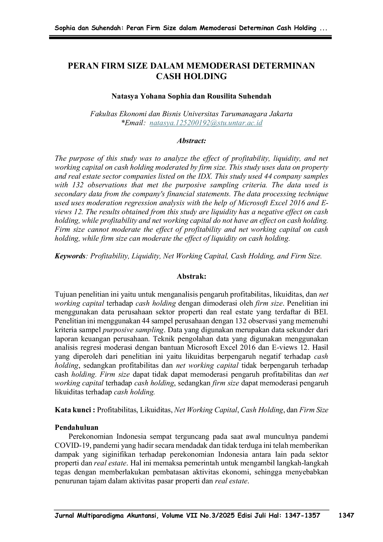 JURIS Peran Firm Size Dalam Memoderasi Determinan Cash Holding